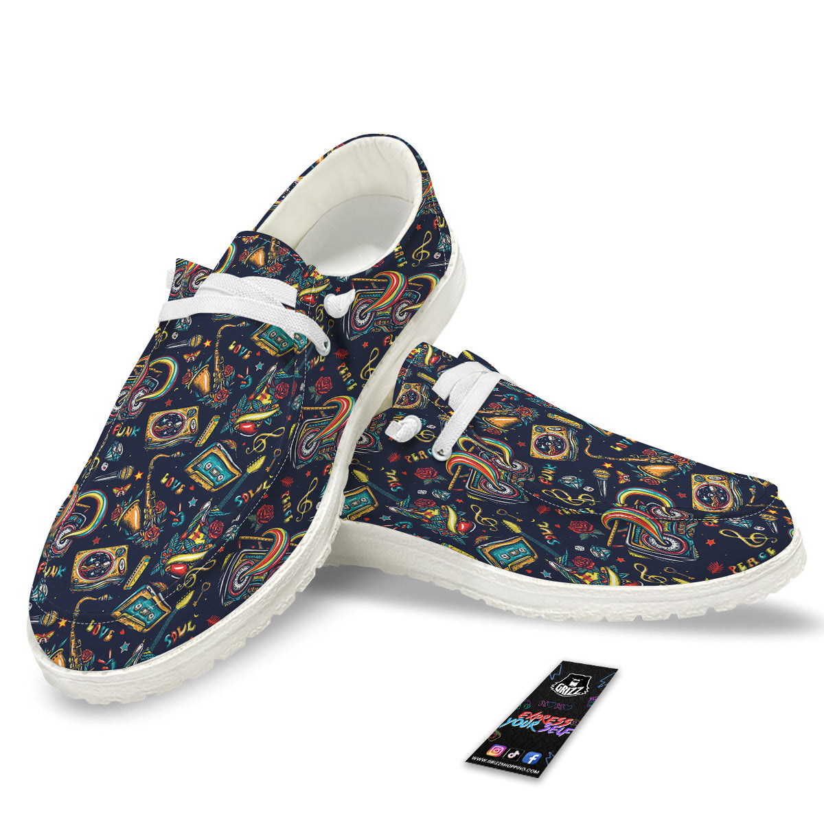 Musical Instruments Print Pattern White Loafers-grizzshop