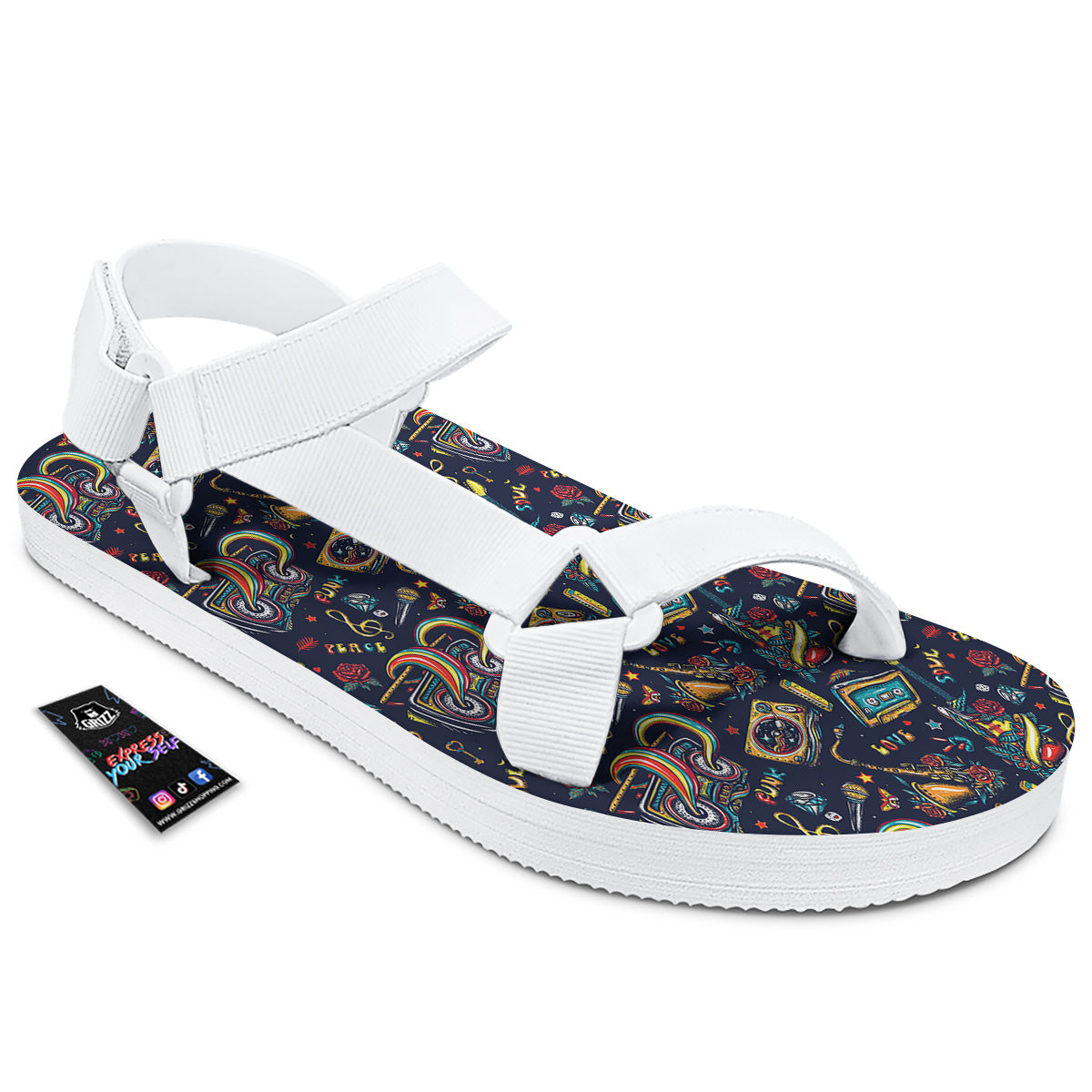 Musical Instruments Print Pattern White Open Toe Sandals-grizzshop