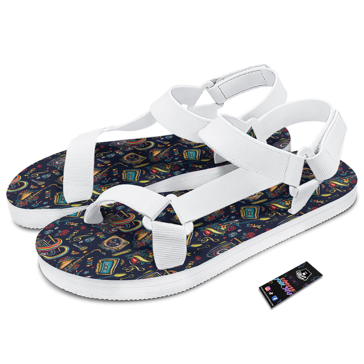 Musical Instruments Print Pattern White Open Toe Sandals-grizzshop