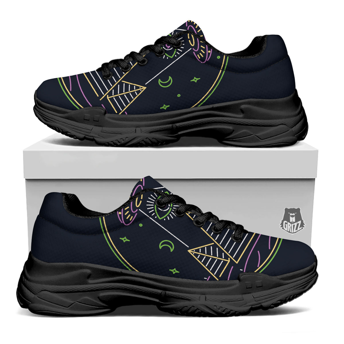 Mystery Of Egypt Neon Print Black Chunky Shoes-grizzshop