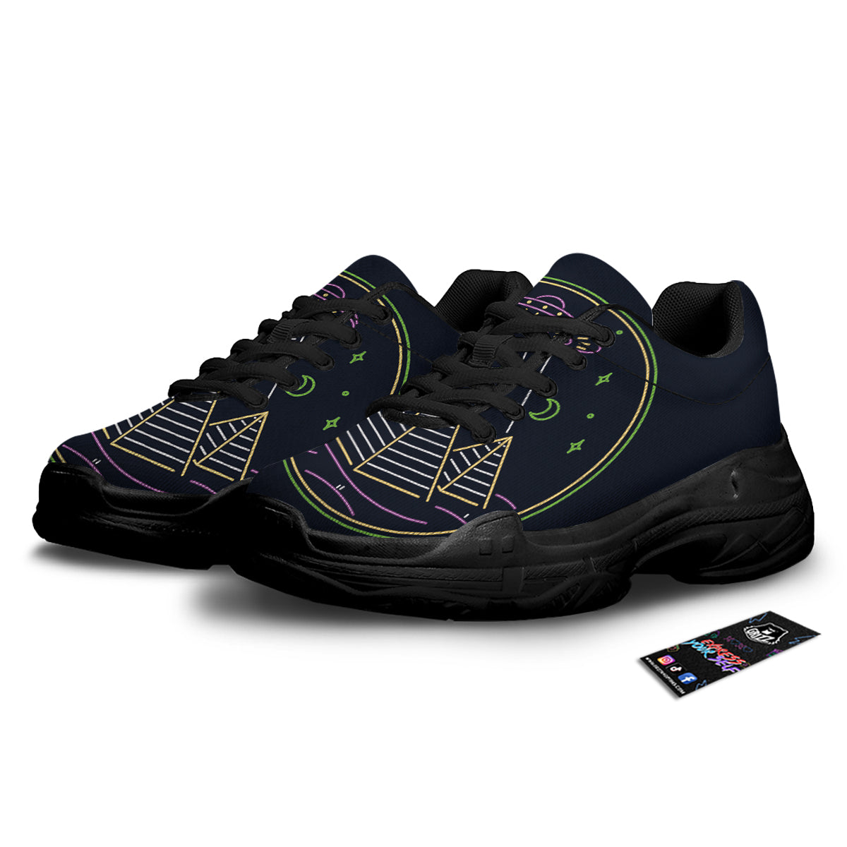 Mystery Of Egypt Neon Print Black Chunky Shoes-grizzshop