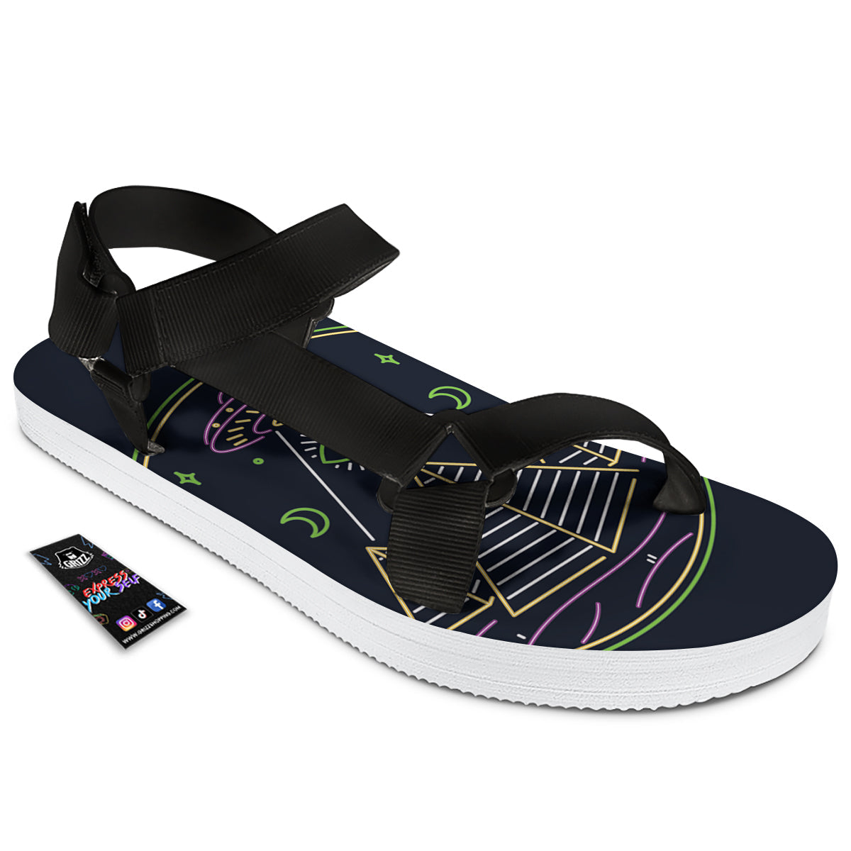 Mystery Of Egypt Neon Print Black Open Toe Sandals-grizzshop