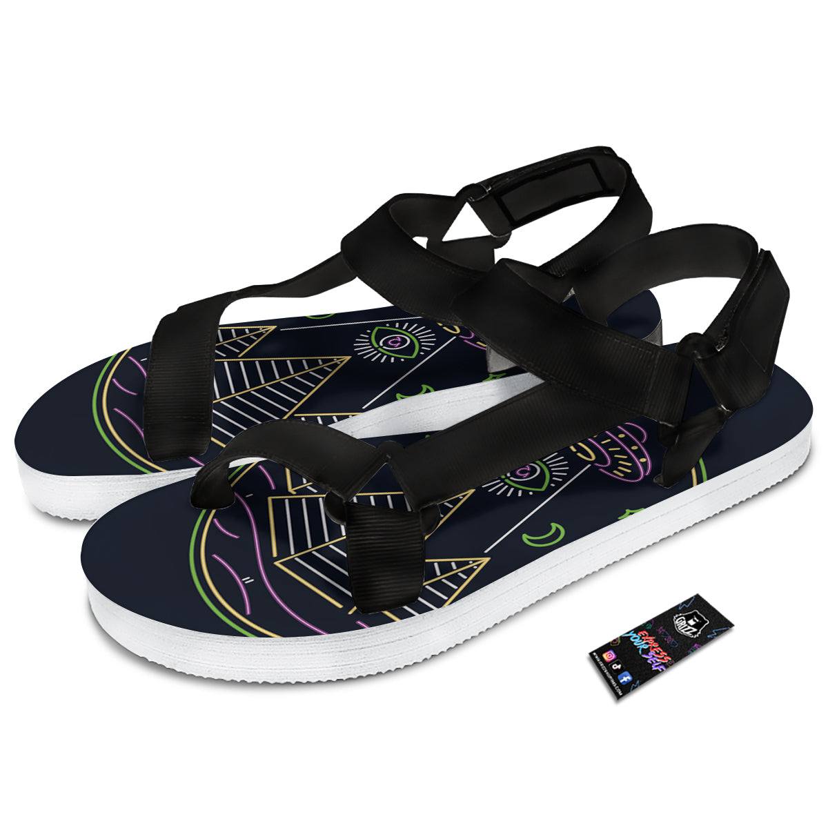 Mystery Of Egypt Neon Print Black Open Toe Sandals-grizzshop