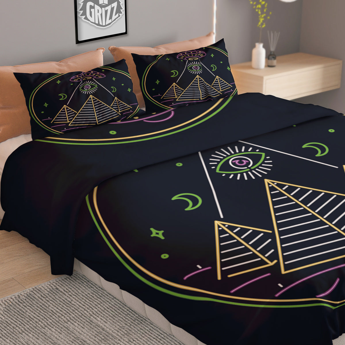 Mystery Of Egypt Neon Print Duvet Cover Bedding Set