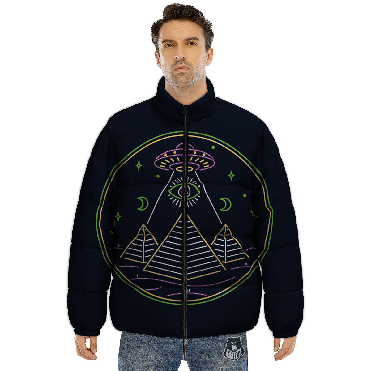 Mystery Of Egypt Neon Print Puffer Jacket-grizzshop