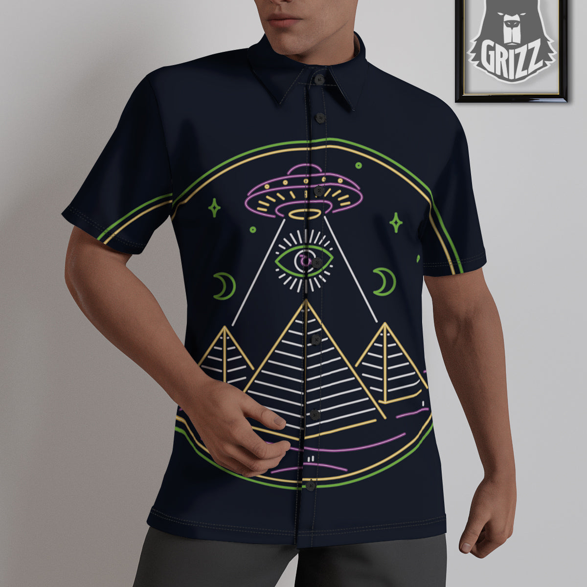 Mystery Of Egypt Neon Print Untucked Shirts-grizzshop