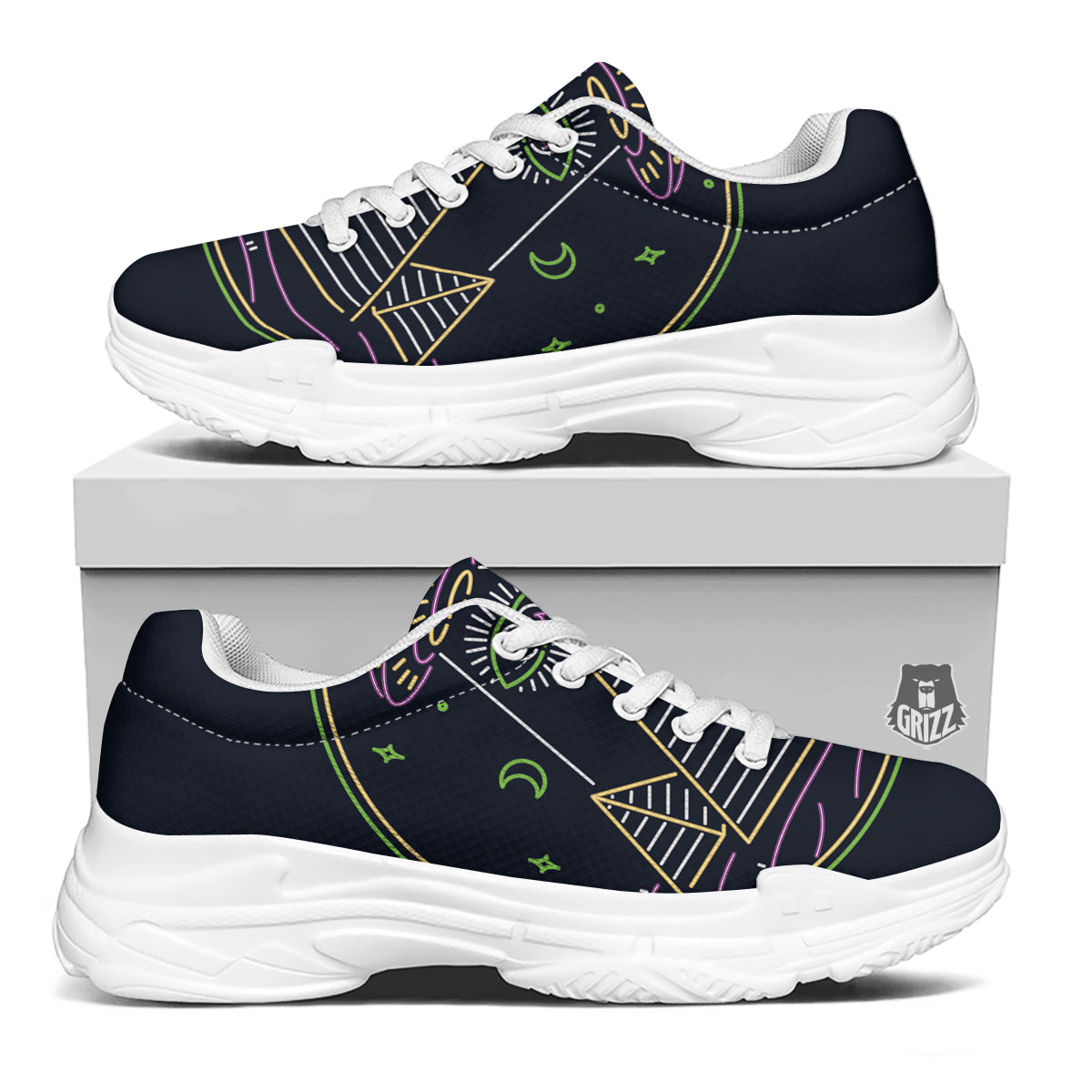 Mystery Of Egypt Neon Print White Chunky Shoes-grizzshop