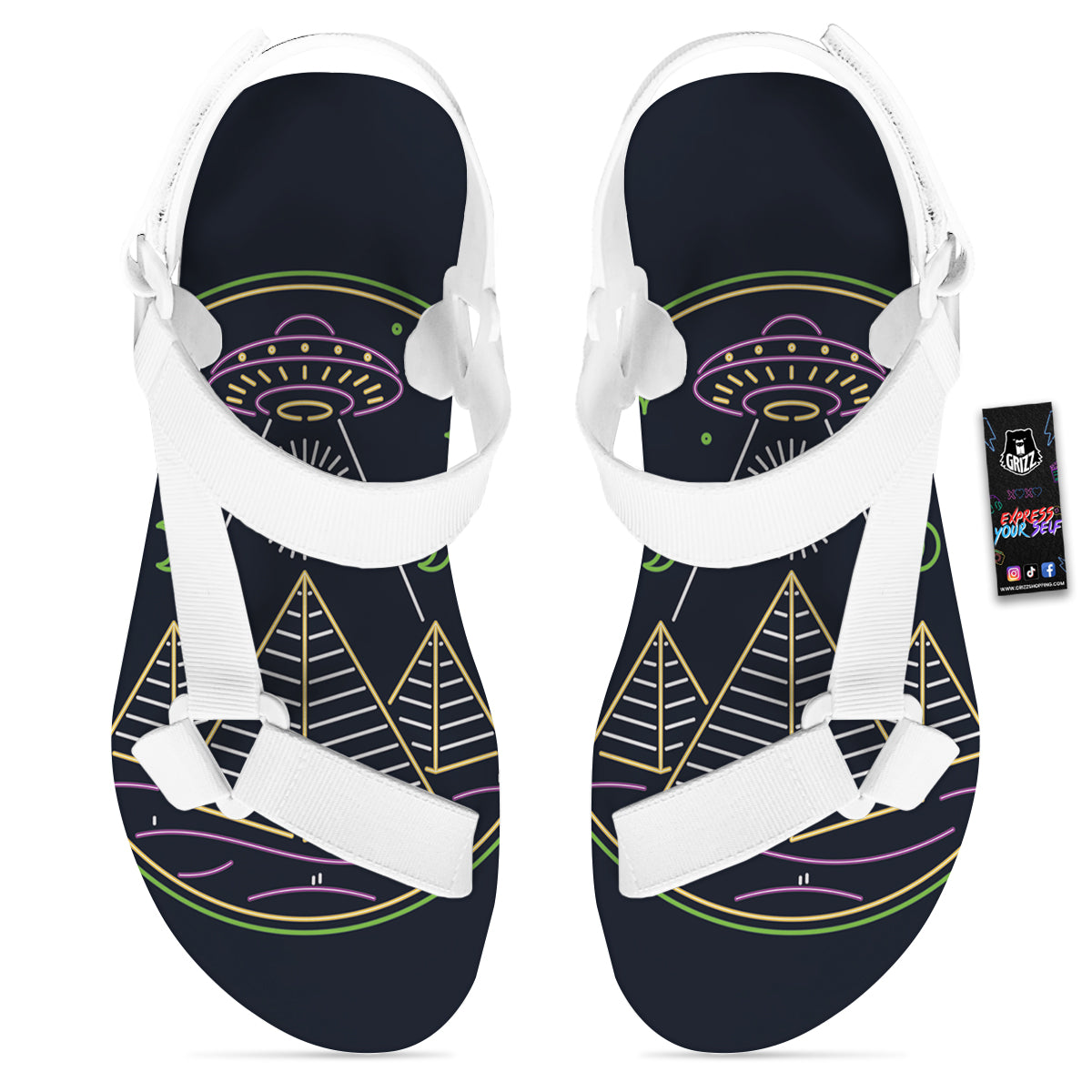 Mystery Of Egypt Neon Print White Open Toe Sandals-grizzshop