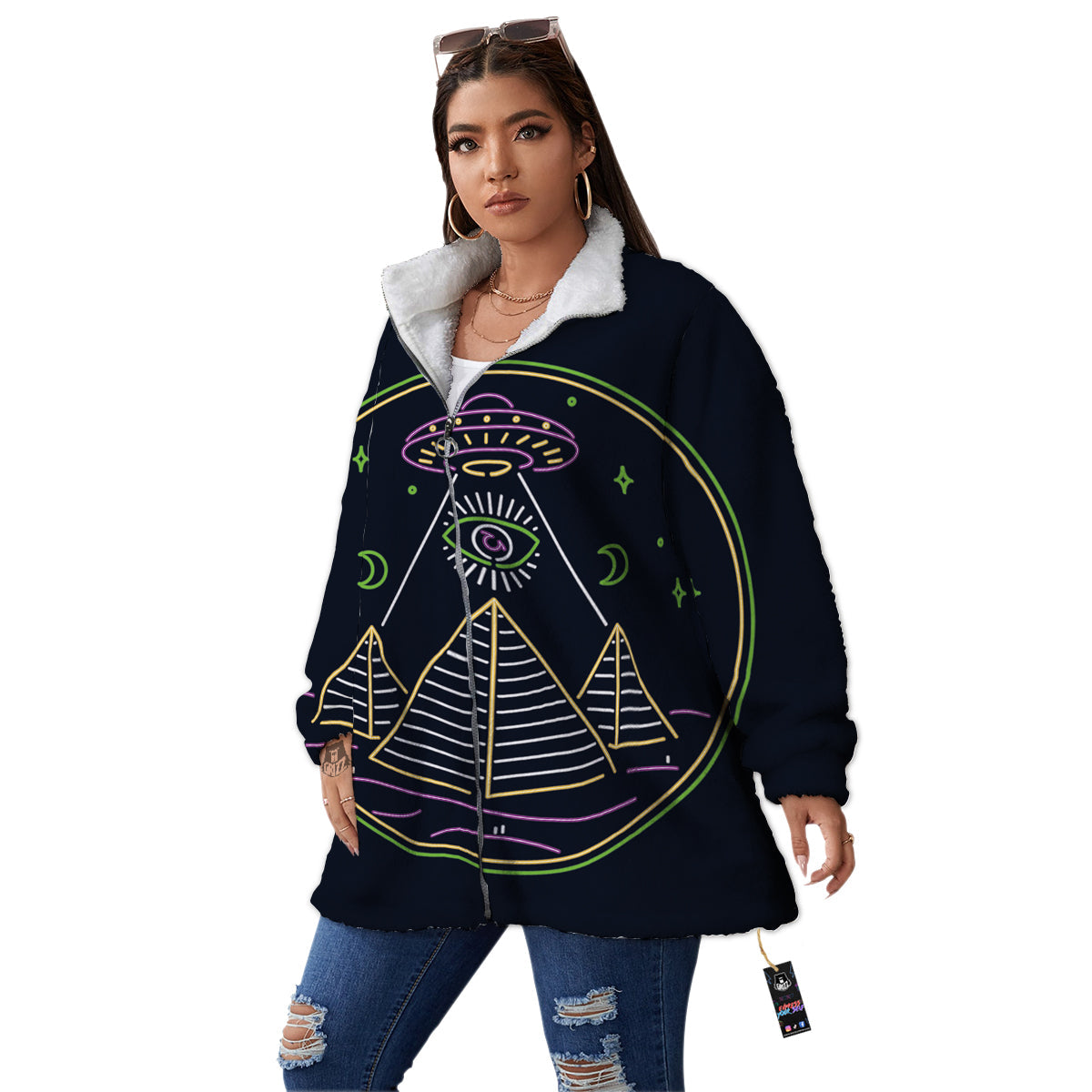 Mystery Of Egypt Neon Print Women's Sherpa Jacket-grizzshop