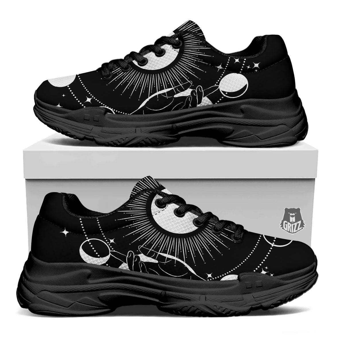 Mystic Wicca White And Black Print Black Chunky Shoes-grizzshop