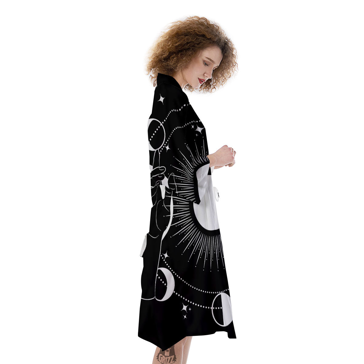 Mystic Wicca White And Black Print Kimono-grizzshop
