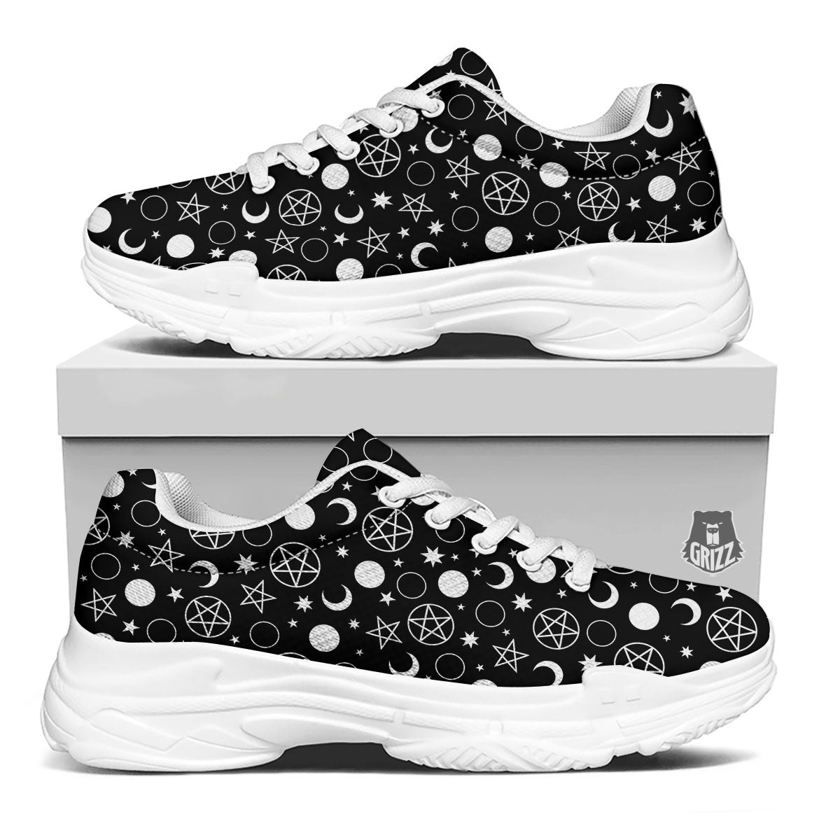 Mystic Witch White And Black Print White Chunky Shoes-grizzshop