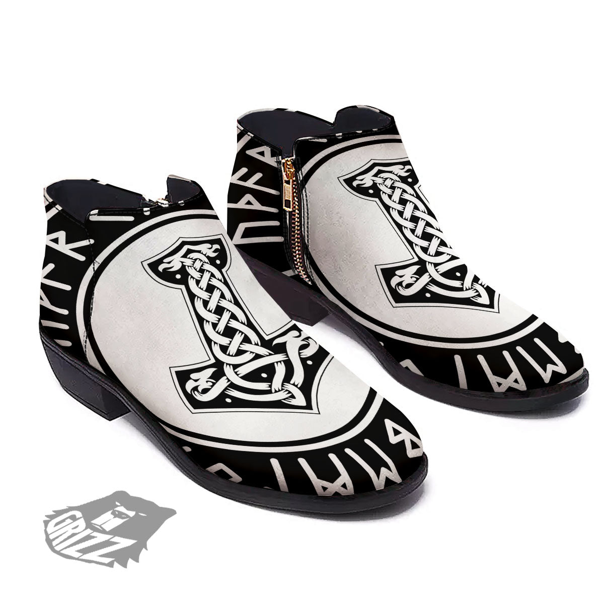 Mythology Mjolnir Norse Print Ankle Boots-grizzshop