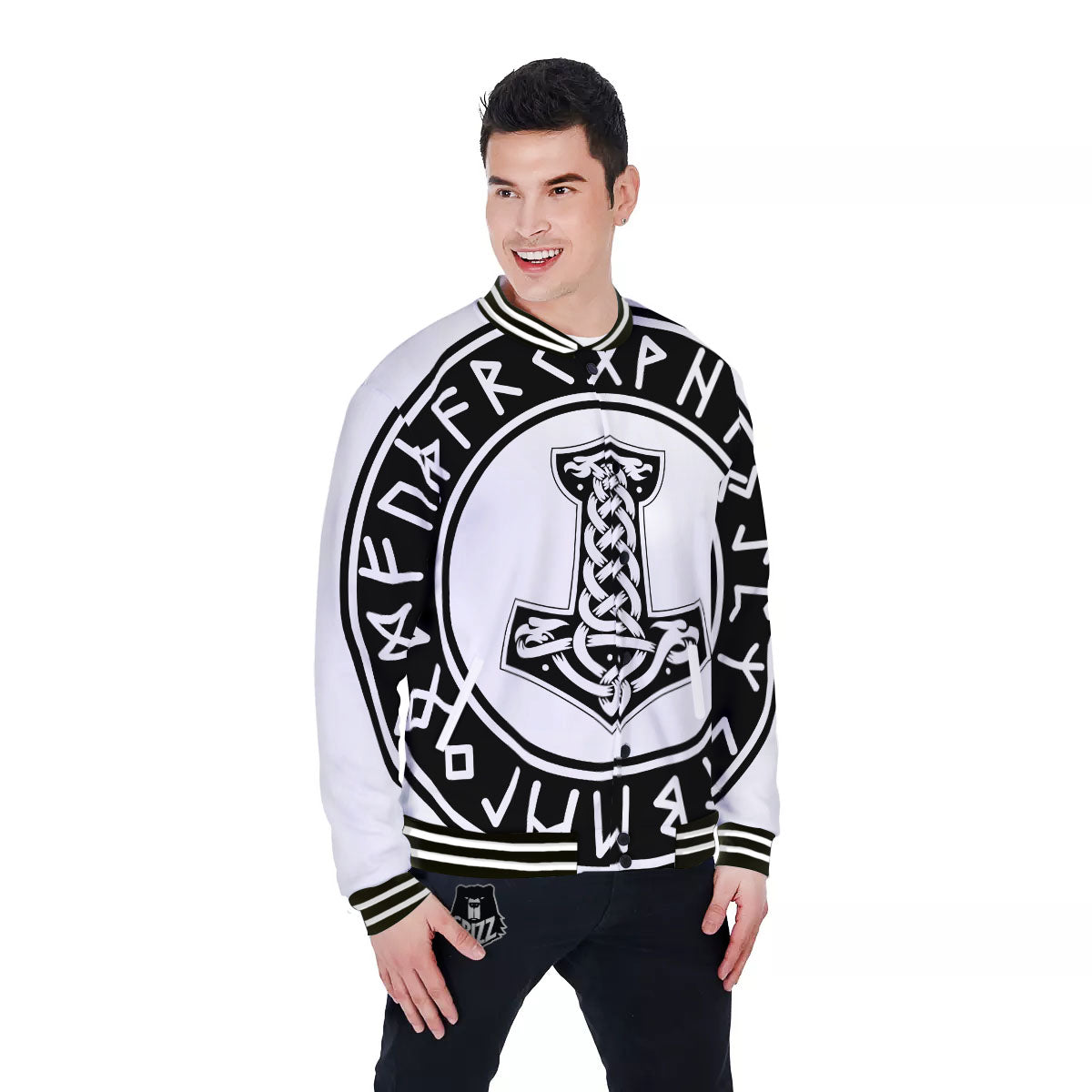 Mythology Mjolnir Norse Print Baseball Jacket-grizzshop