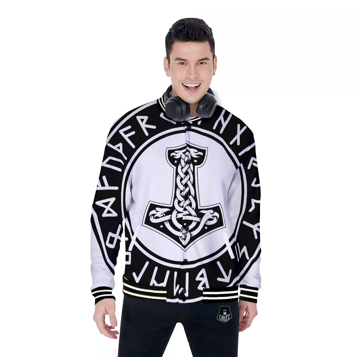 Mythology Mjolnir Norse Print Baseball Jacket-grizzshop