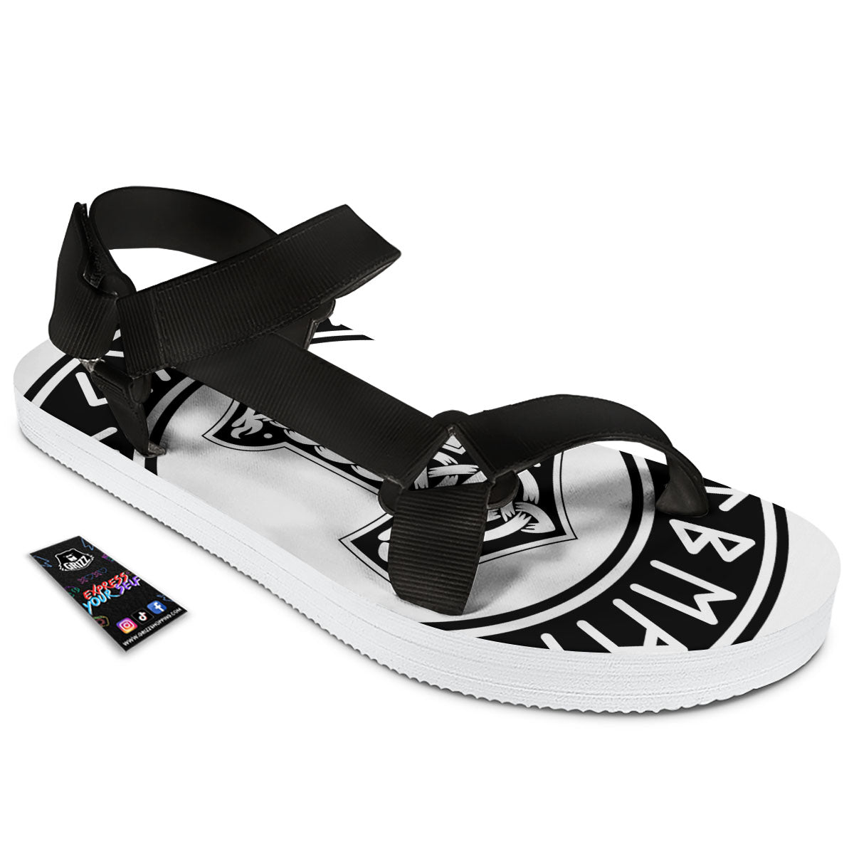 Mythology Mjolnir Norse Print Black Open Toe Sandals-grizzshop
