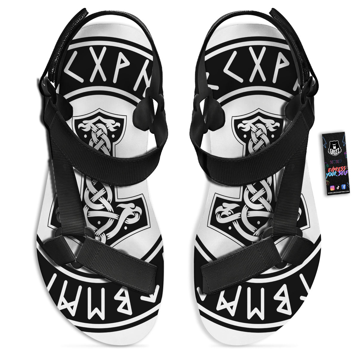 Mythology Mjolnir Norse Print Black Open Toe Sandals-grizzshop