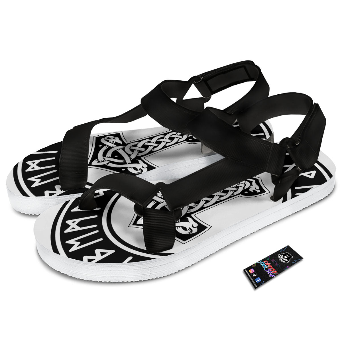 Mythology Mjolnir Norse Print Black Open Toe Sandals-grizzshop
