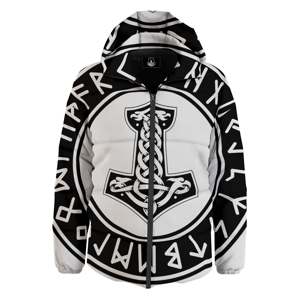 Mythology Mjolnir Norse Print Down Jacket-grizzshop