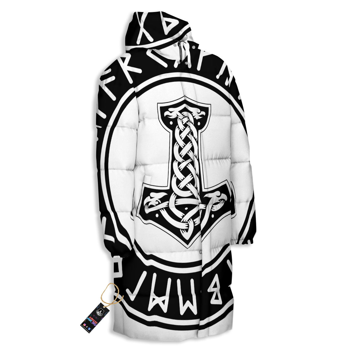 Mythology Mjolnir Norse Print Long Down Jacket-grizzshop