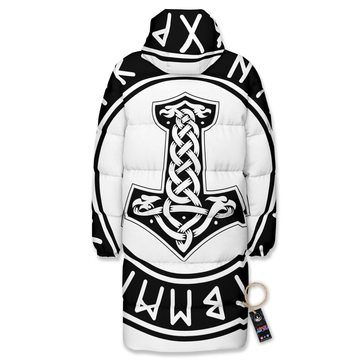 Mythology Mjolnir Norse Print Long Down Jacket-grizzshop