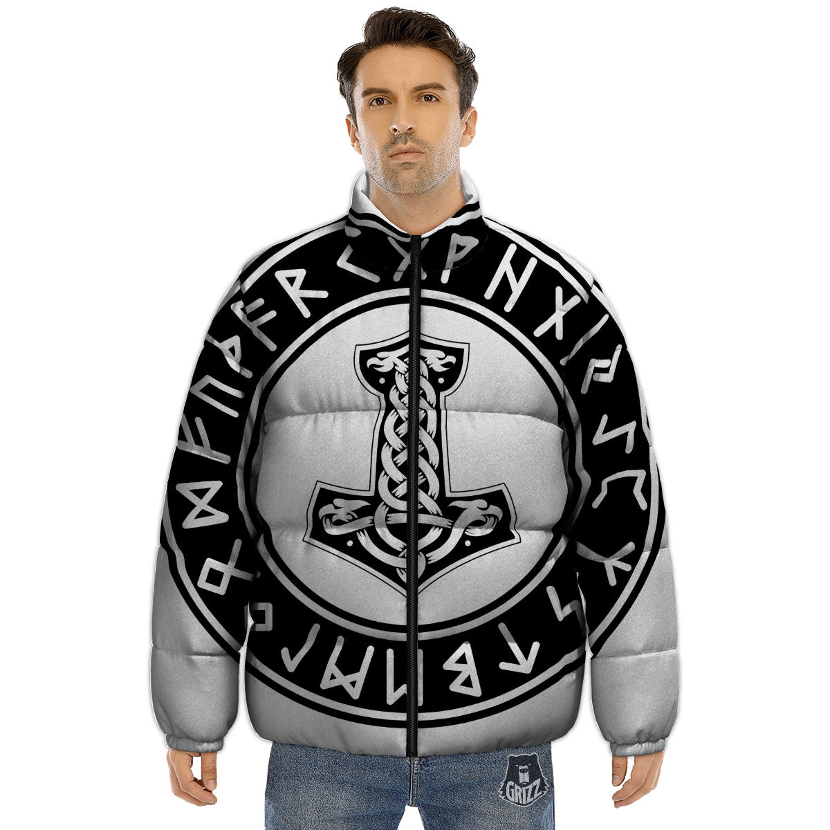 Mythology Mjolnir Norse Print Puffer Jacket-grizzshop