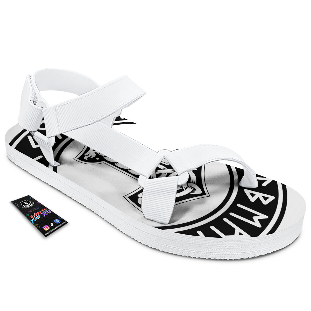 Mythology Mjolnir Norse Print White Open Toe Sandals-grizzshop