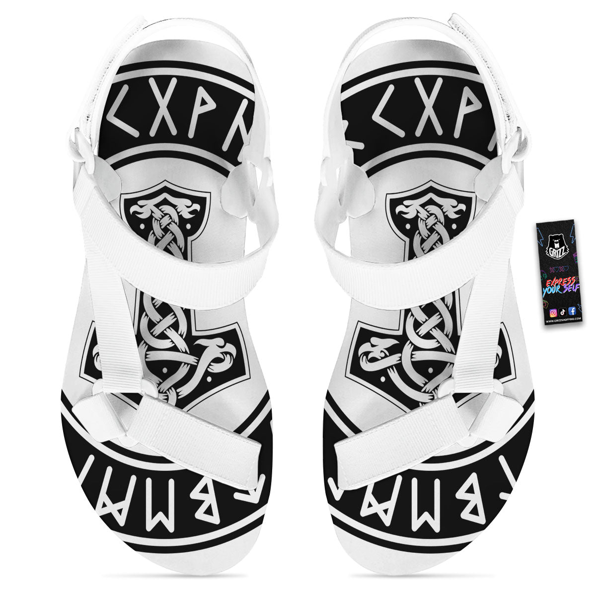 Mythology Mjolnir Norse Print White Open Toe Sandals-grizzshop