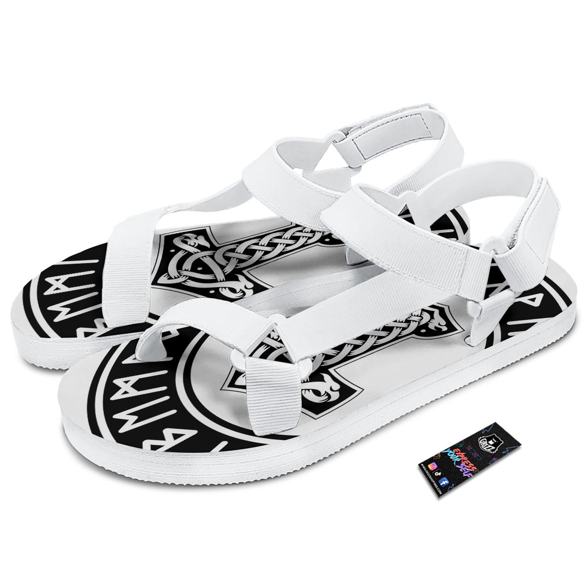 Mythology Mjolnir Norse Print White Open Toe Sandals-grizzshop