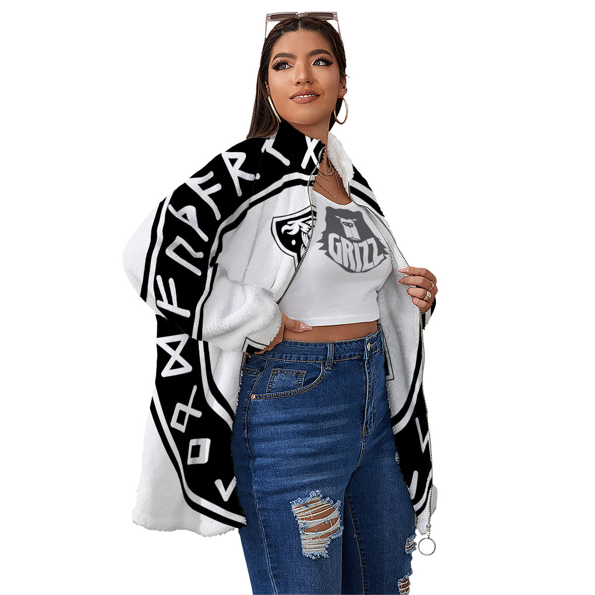 Mythology Mjolnir Norse Print Women's Sherpa Jacket-grizzshop