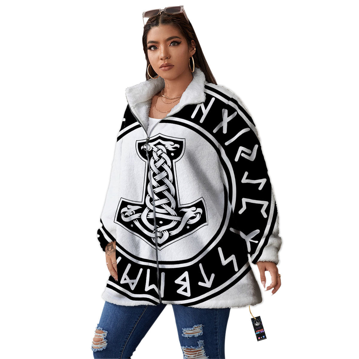 Mythology Mjolnir Norse Print Women's Sherpa Jacket-grizzshop