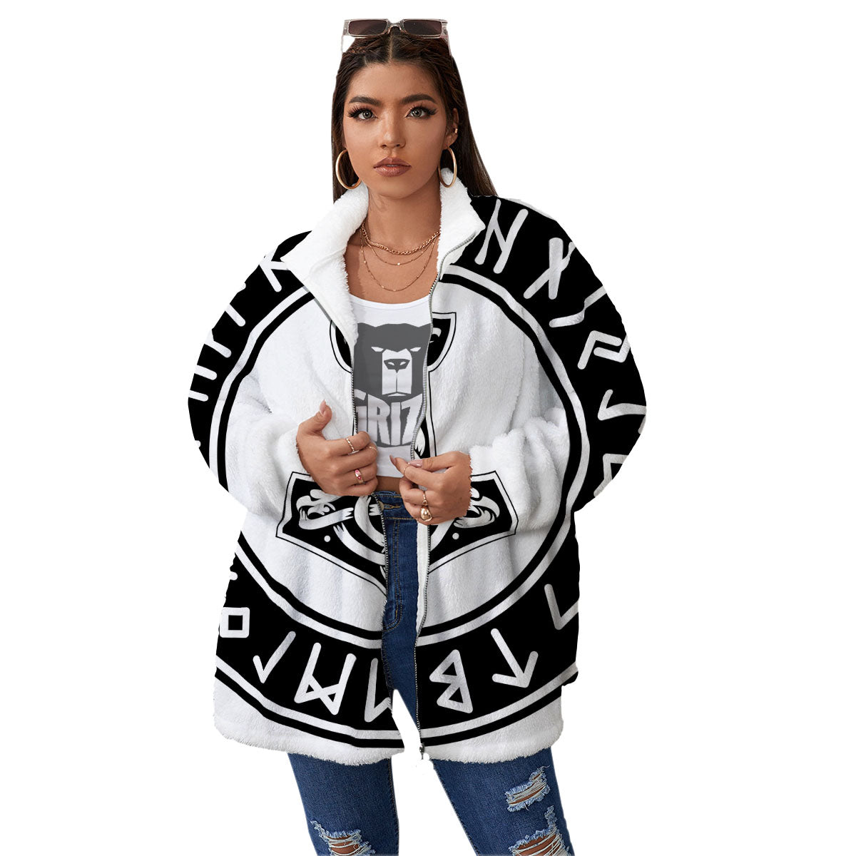 Mythology Mjolnir Norse Print Women's Sherpa Jacket-grizzshop
