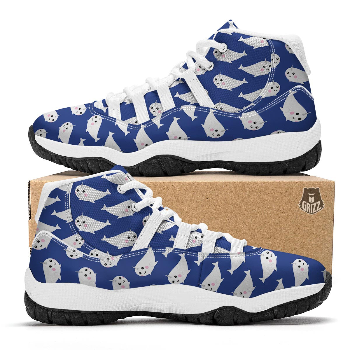 Narwhal Cute Pattern Print White Bball Shoes-grizzshop