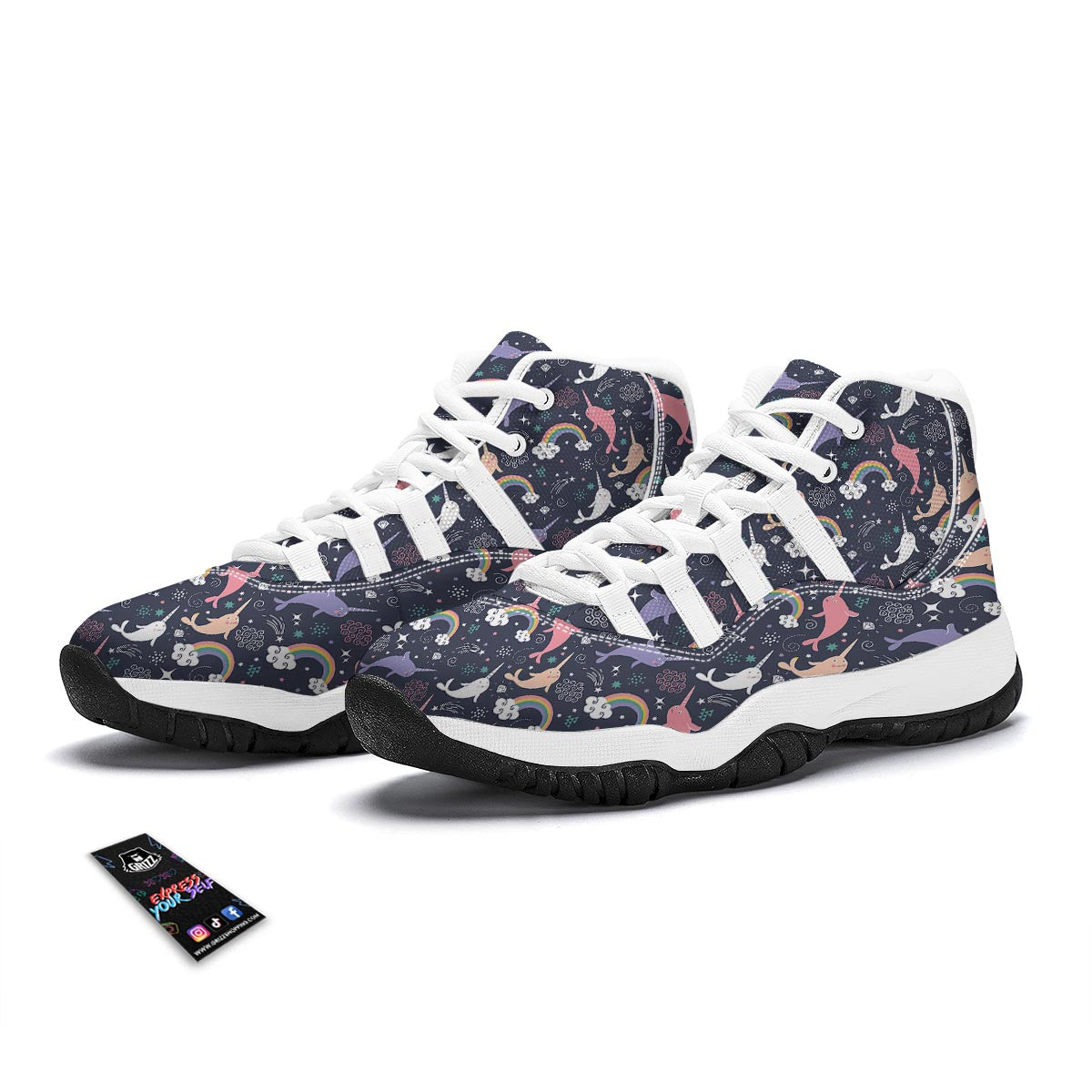 Narwhal Pattern Print White Bball Shoes-grizzshop