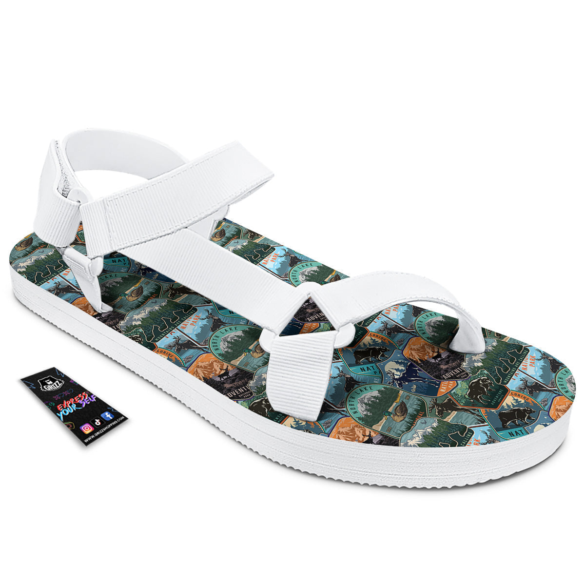 National Park Colorful Vintage Print Pattern White Open Toe Sandals-grizzshop