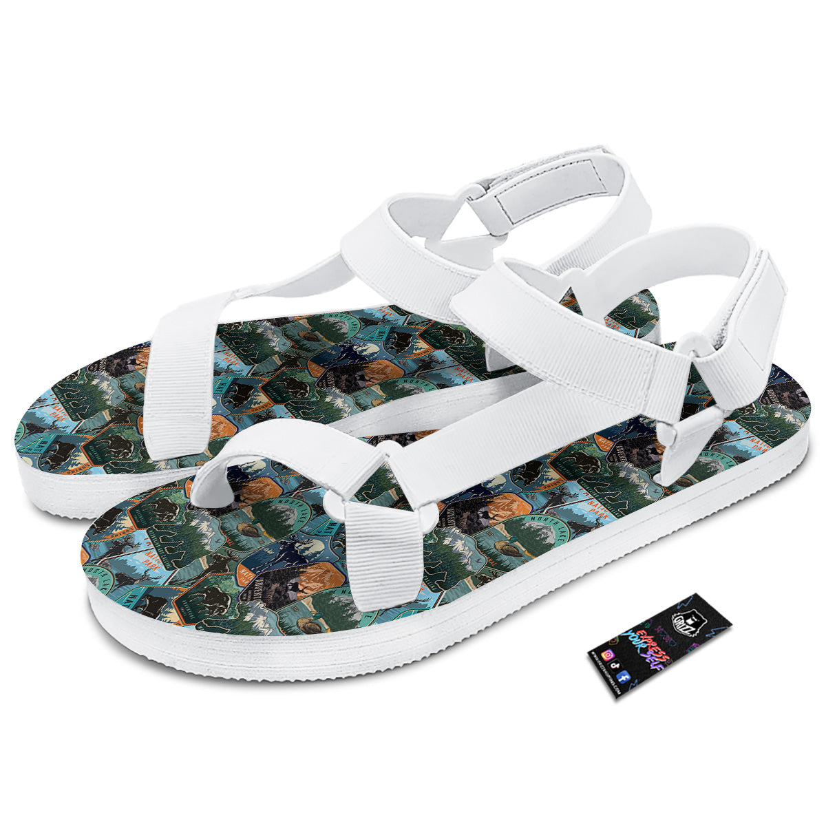 National Park Colorful Vintage Print Pattern White Open Toe Sandals-grizzshop