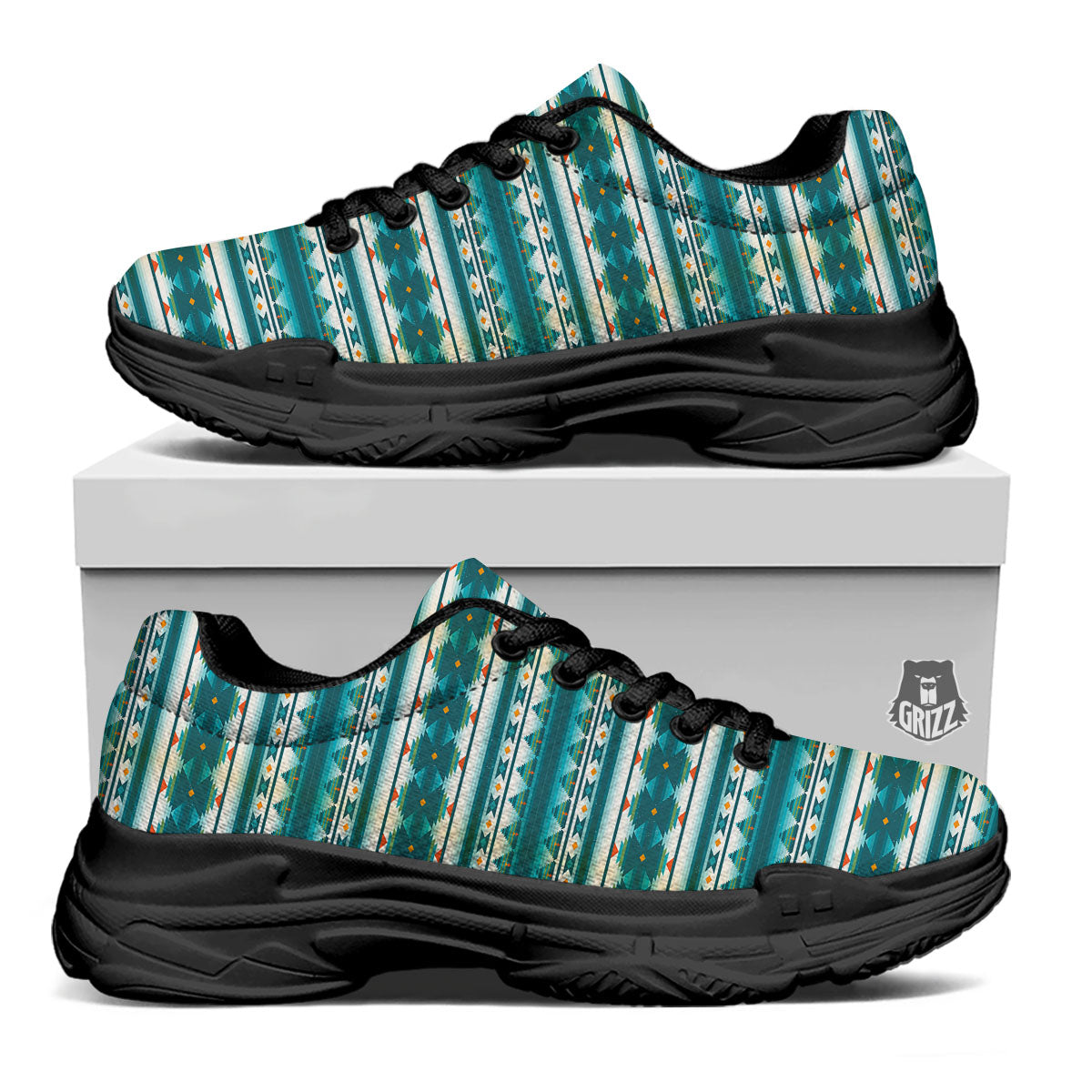 Native American Ethnic Print Pattern Black Chunky Shoes-grizzshop
