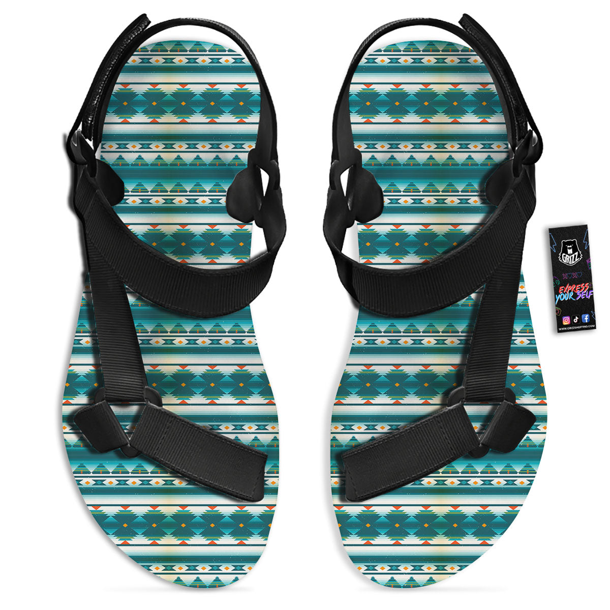 Native American Ethnic Print Pattern Black Open Toe Sandals-grizzshop