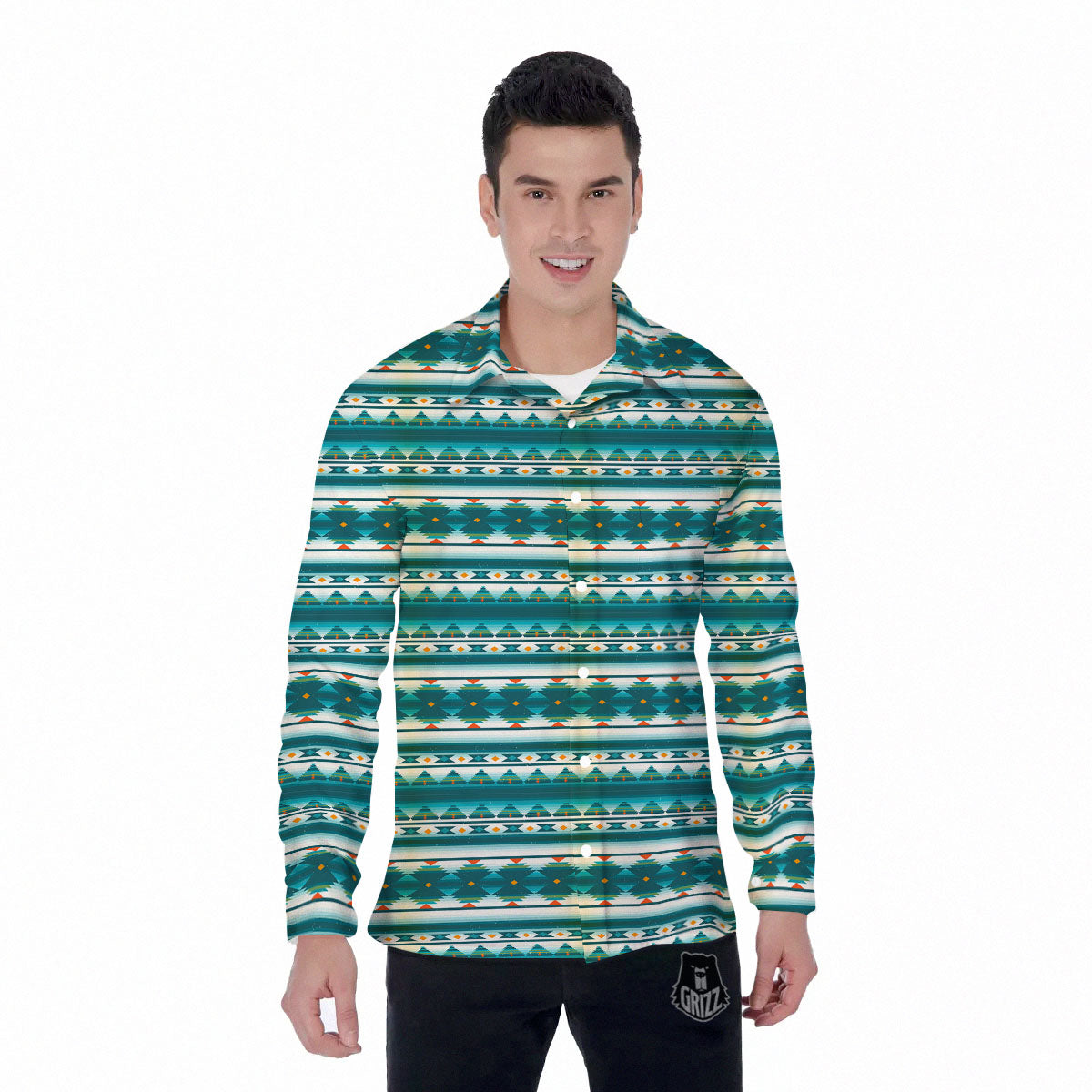 Native American Ethnic Print Pattern Men's Long Sleeve Shirts-grizzshop