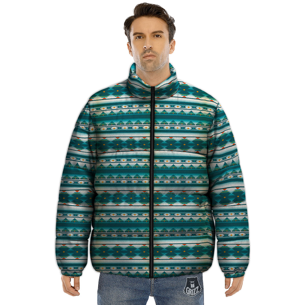 Native American Ethnic Print Pattern Puffer Jacket-grizzshop