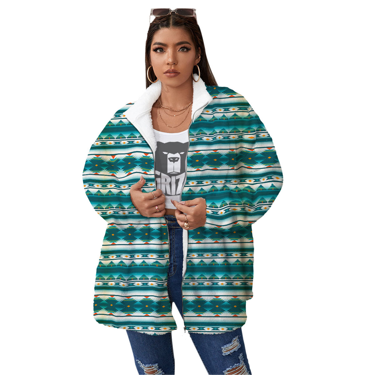 Native American Ethnic Print Pattern Women's Sherpa Jacket-grizzshop