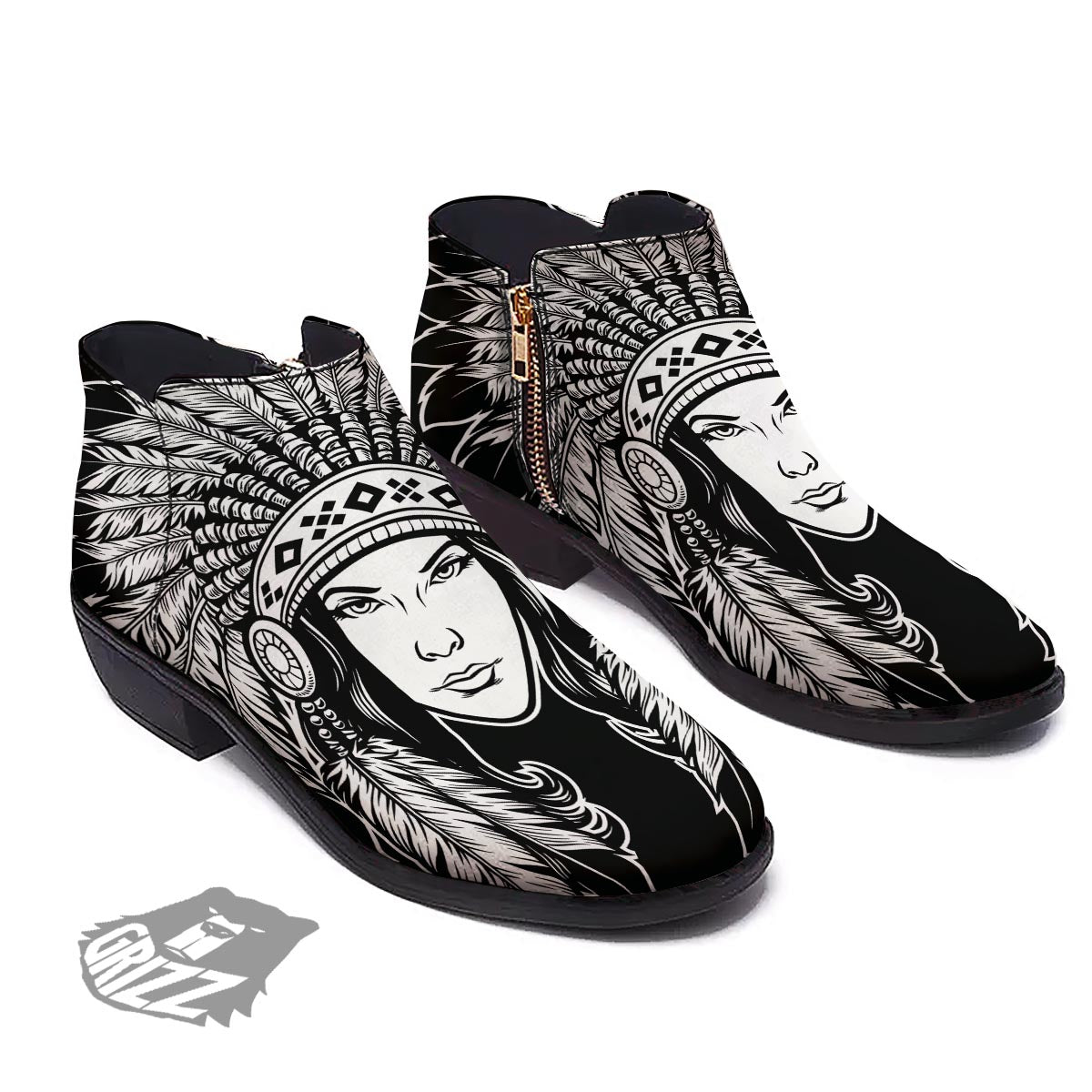 Native Indian Girl Tribal Print Ankle Boots-grizzshop