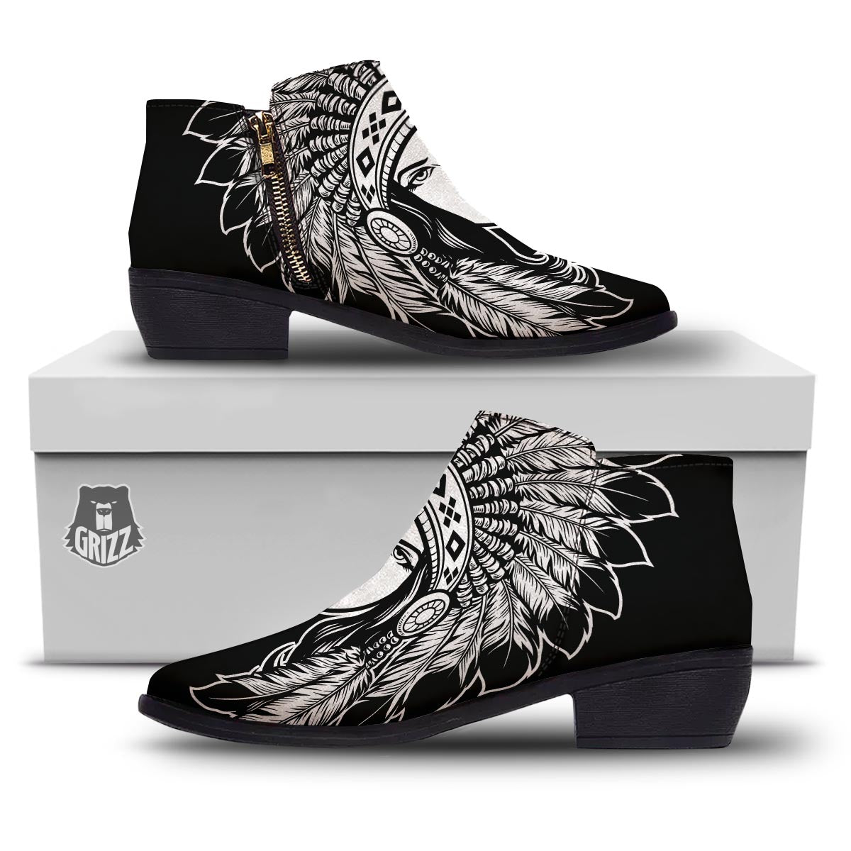 Native Indian Girl Tribal Print Ankle Boots-grizzshop