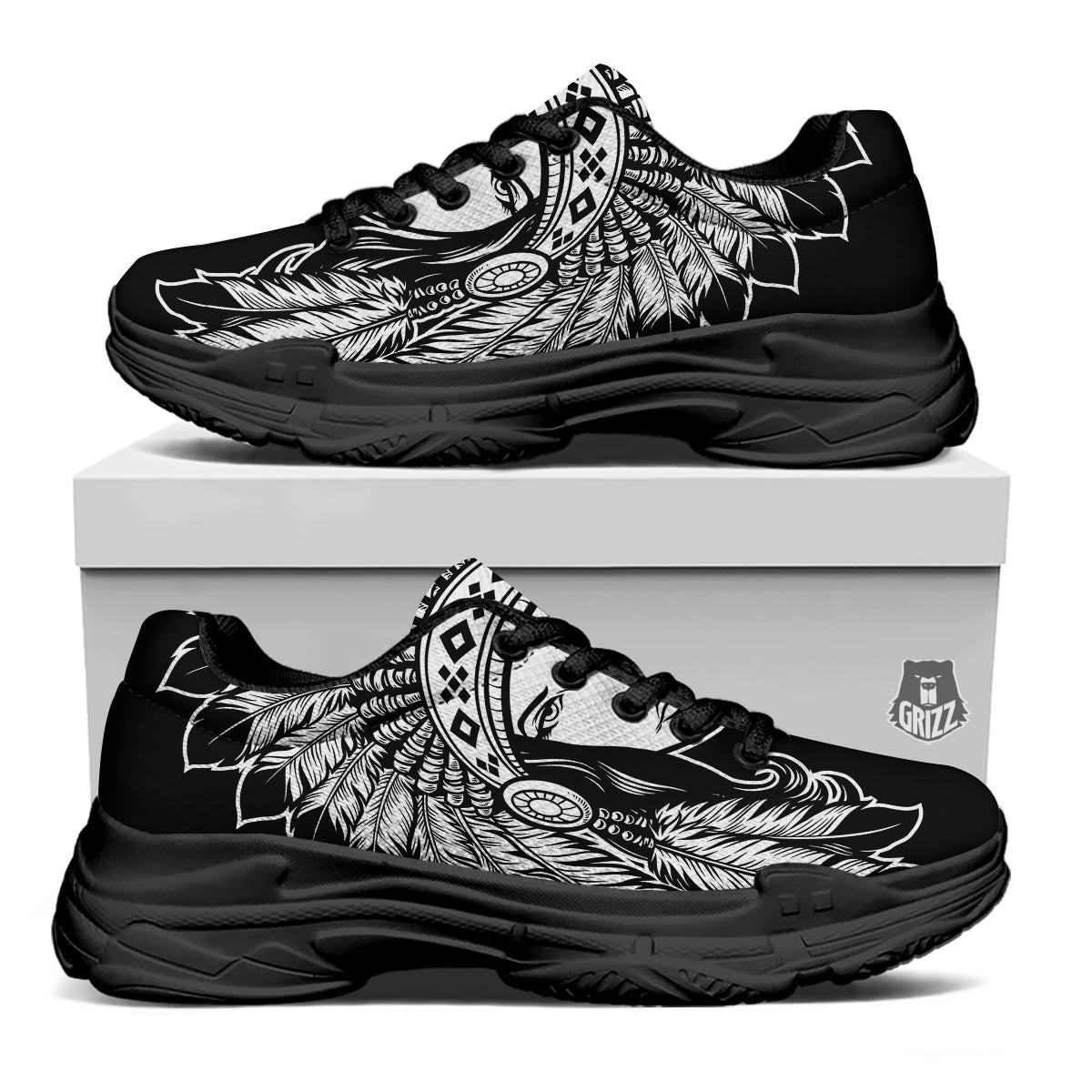 Native Indian Girl Tribal Print Black Chunky Shoes-grizzshop