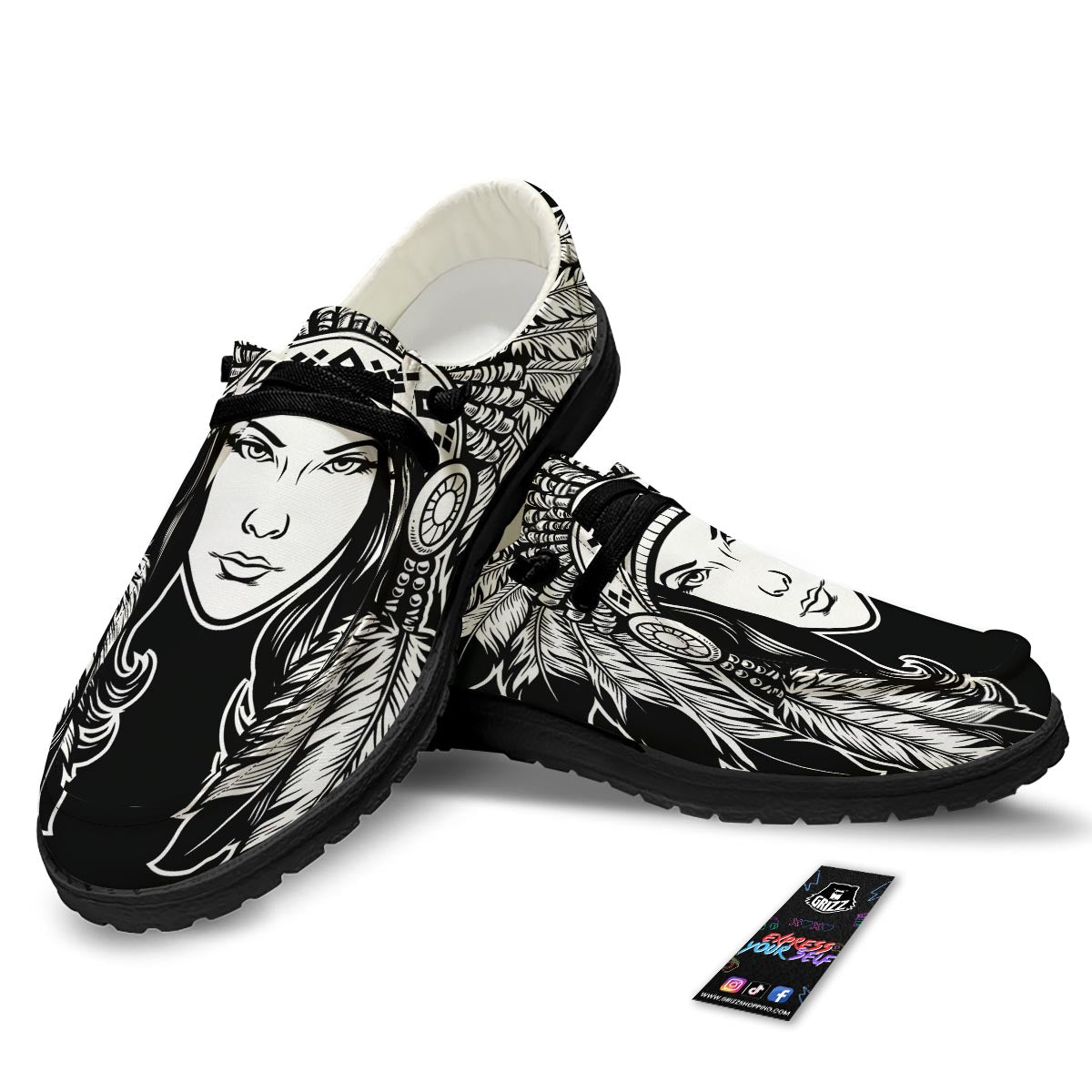 Native Indian Girl Tribal Print Black Loafers-grizzshop