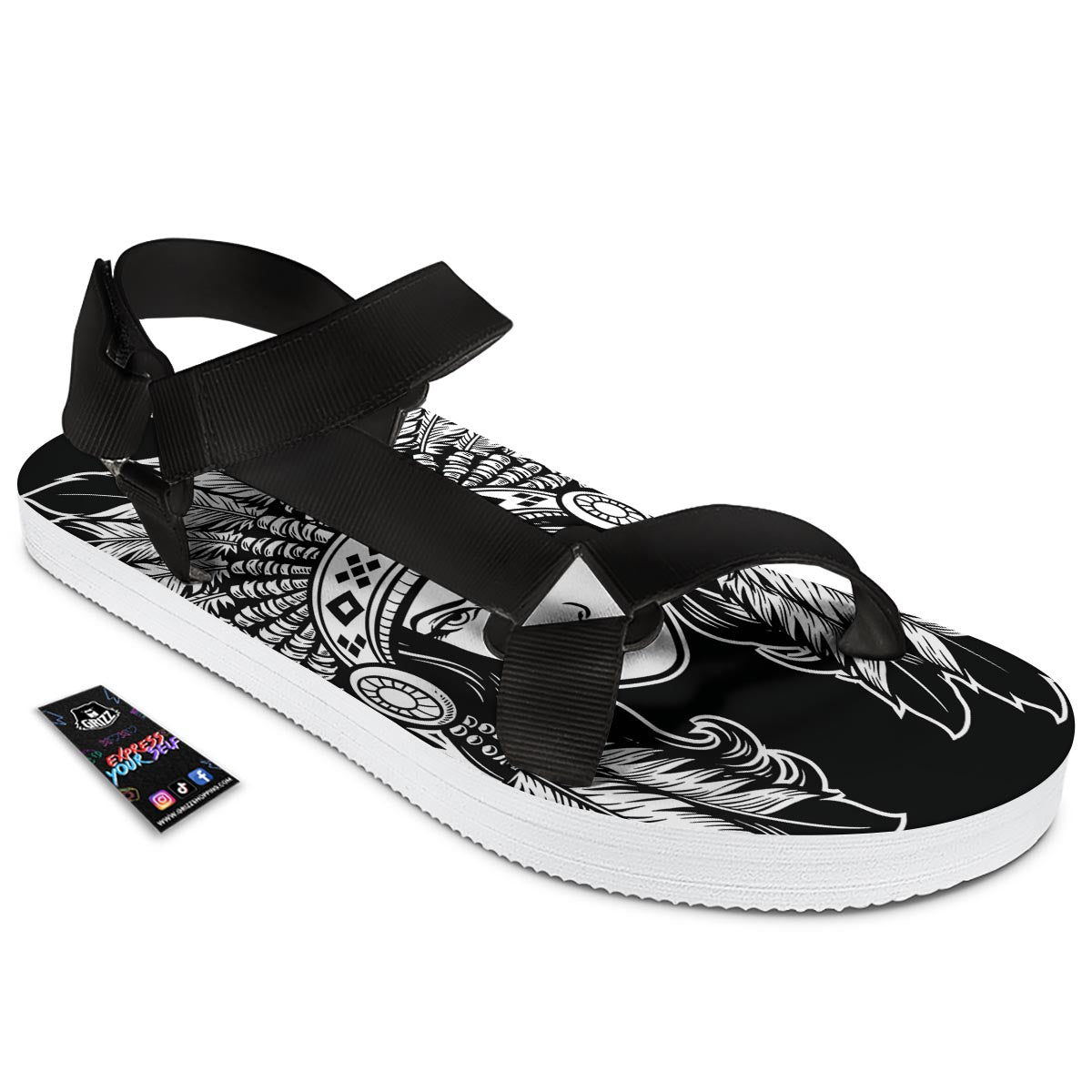 Native Indian Girl Tribal Print Black Open Toe Sandals-grizzshop