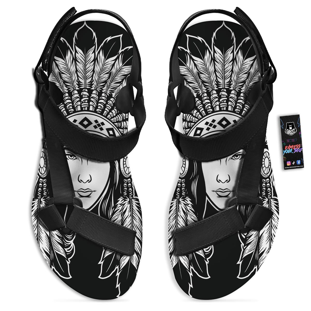 Native Indian Girl Tribal Print Black Open Toe Sandals-grizzshop