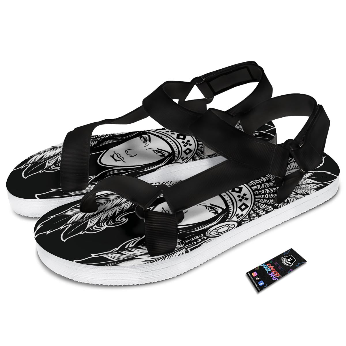 Native Indian Girl Tribal Print Black Open Toe Sandals-grizzshop
