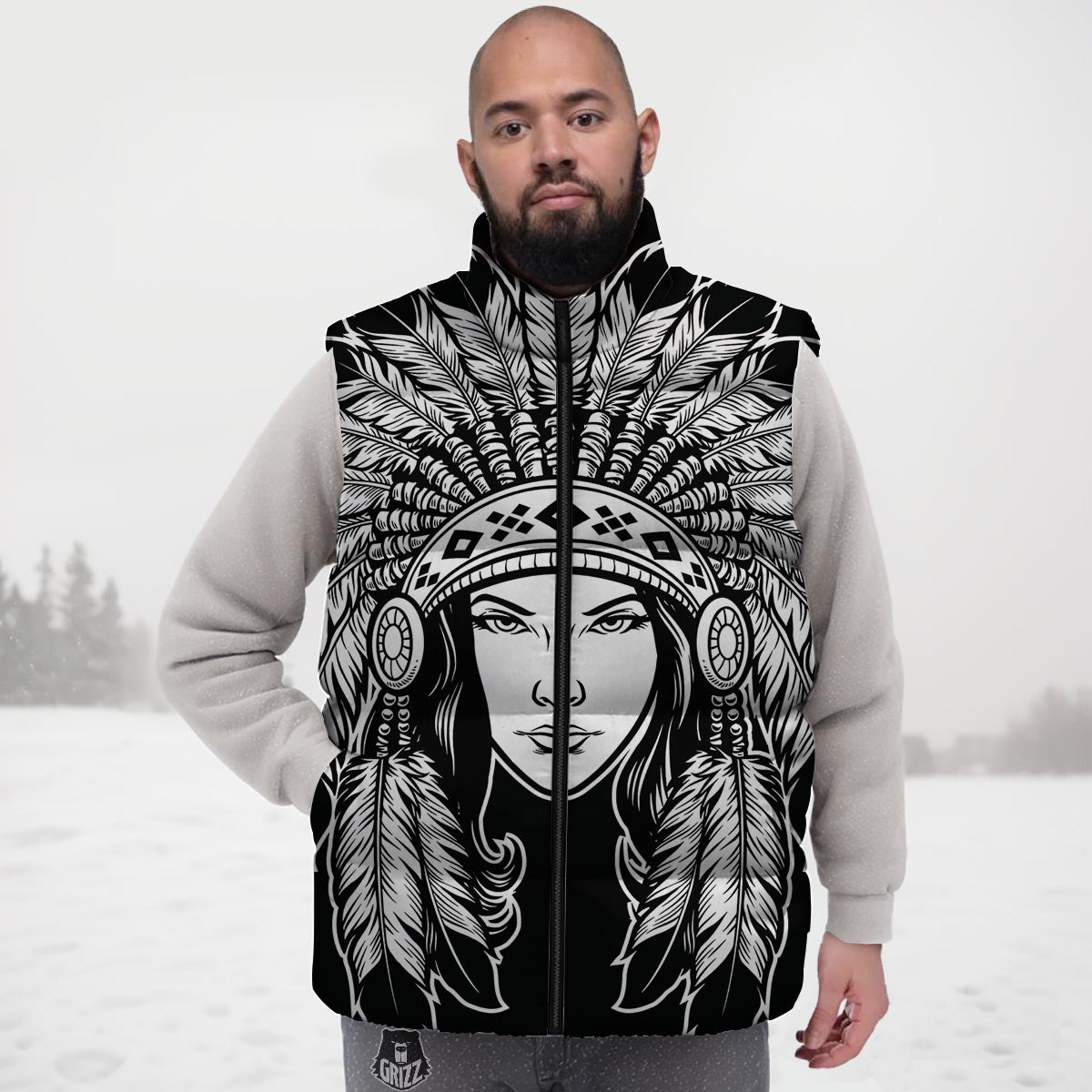 Native Indian Girl Tribal Print Down Vest