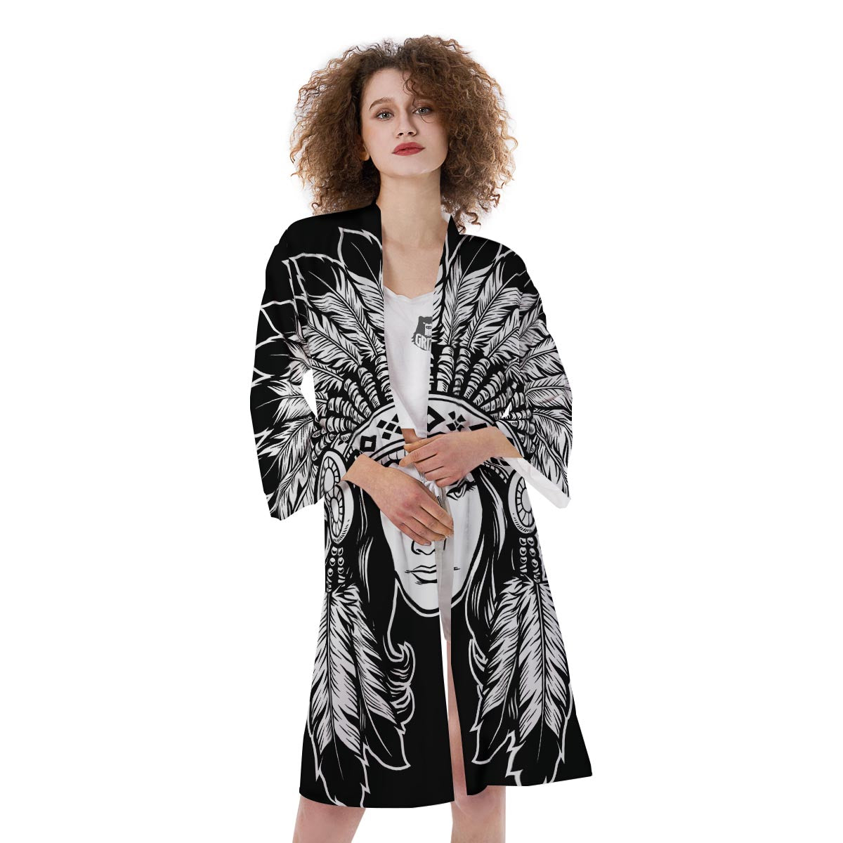 Native Indian Girl Tribal Print Kimono-grizzshop